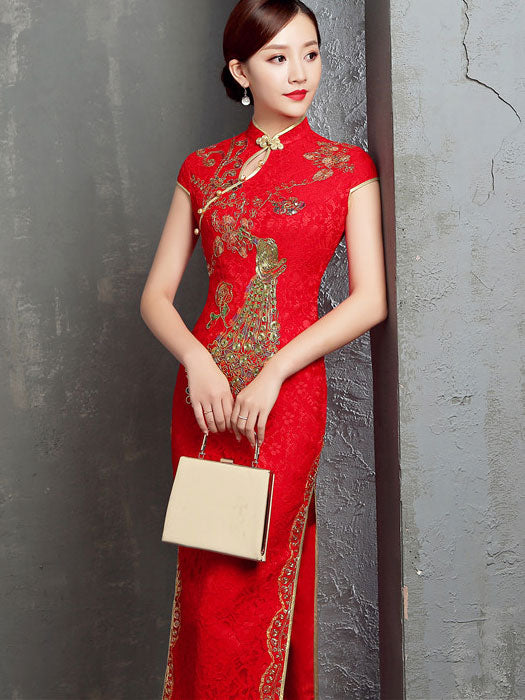 Red Lace Phoenix Full Length Cheongsam / Qipao Wedding Dress - imallure