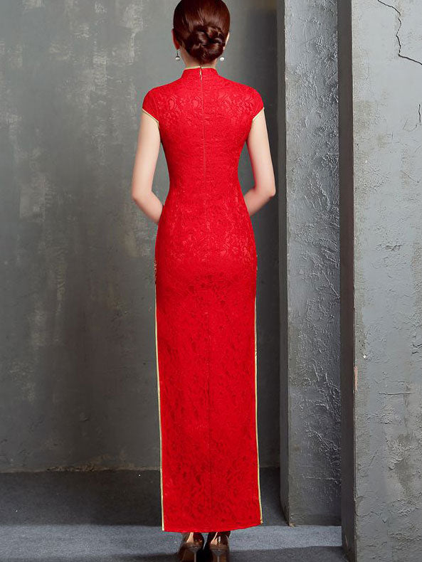Red Lace Phoenix Full Length Cheongsam / Qipao Wedding Dress