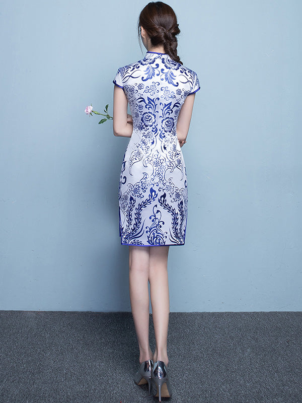 Short Blue & White Floral Qipao / Cheongsam Dress