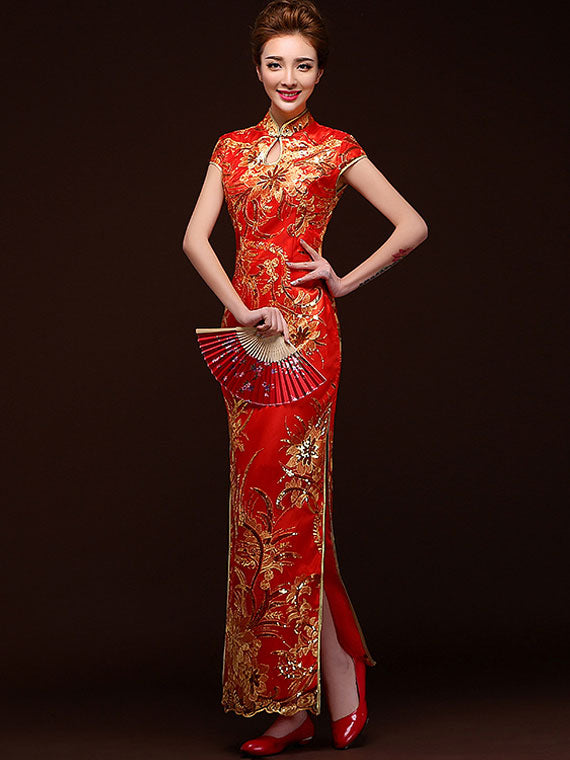 Full-Length Sequins Floral Cheongsam / Qipao Evening Dress