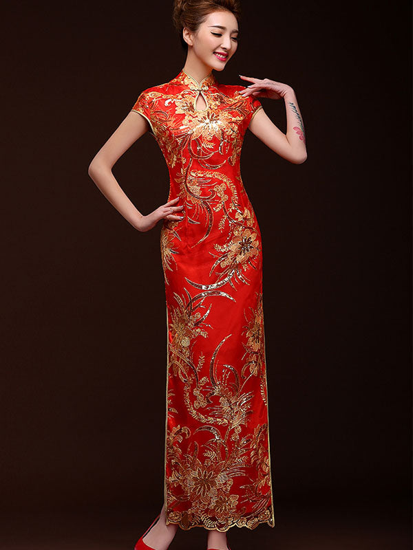 Full-Length Sequins Floral Cheongsam / Qipao Evening Dress