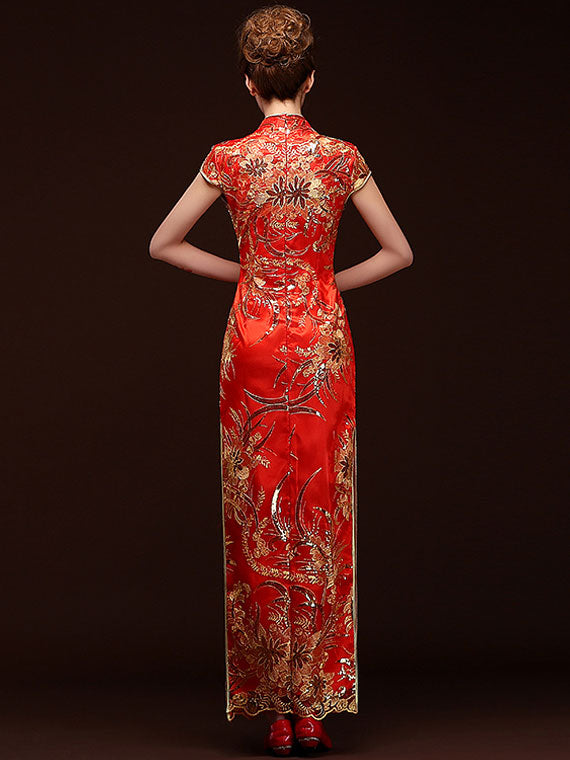 Full-Length Sequins Floral Cheongsam / Qipao Evening Dress