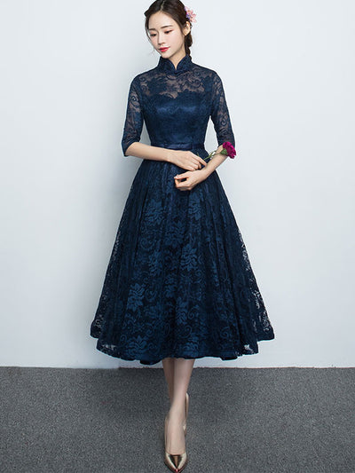 Blue Lace A-Line Qipao / Cheongsam Evening Dress