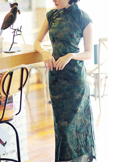 Green Floral Linen Ankle-Length Qipao / Cheongsam Dress