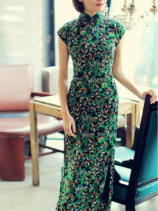 Green Floral Chiffon Qipao / Cheongsam Party Dress