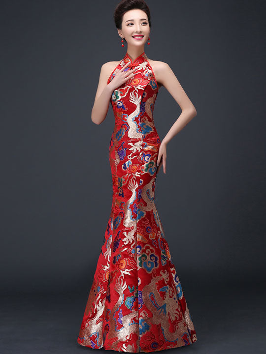 Halter Dragon Mermaid Qipao / Cheongsam Dress with Cutout Back