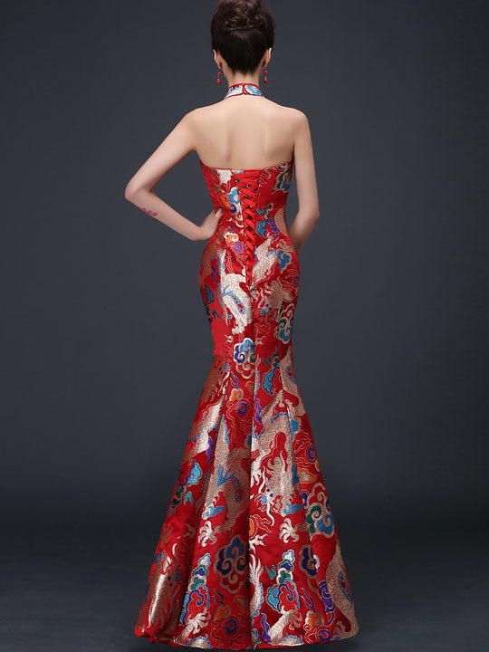Halter Dragon Mermaid Qipao / Cheongsam Dress with Cutout Back