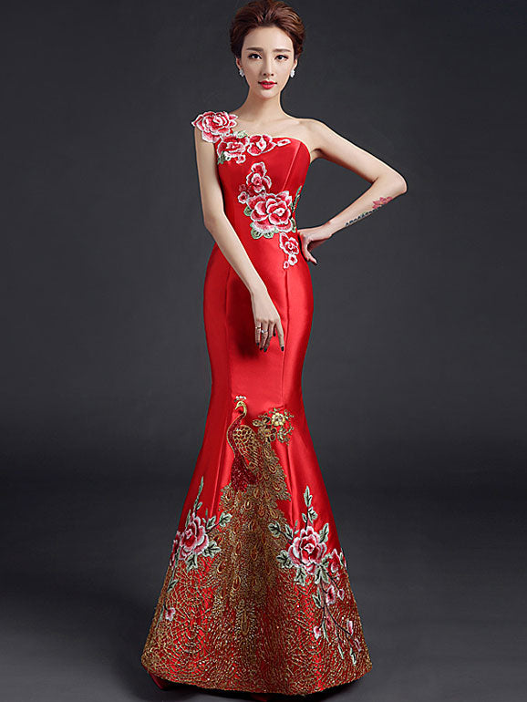 Embroidered Phoenix One Shoulder Fishtail Qipao / Cheongsam