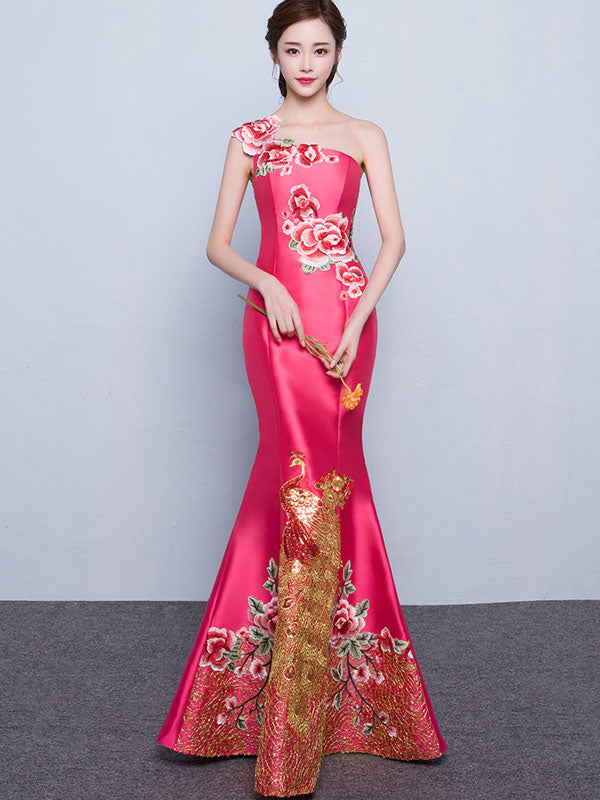 Embroidered Phoenix One Shoulder Fishtail Qipao / Cheongsam Dress
