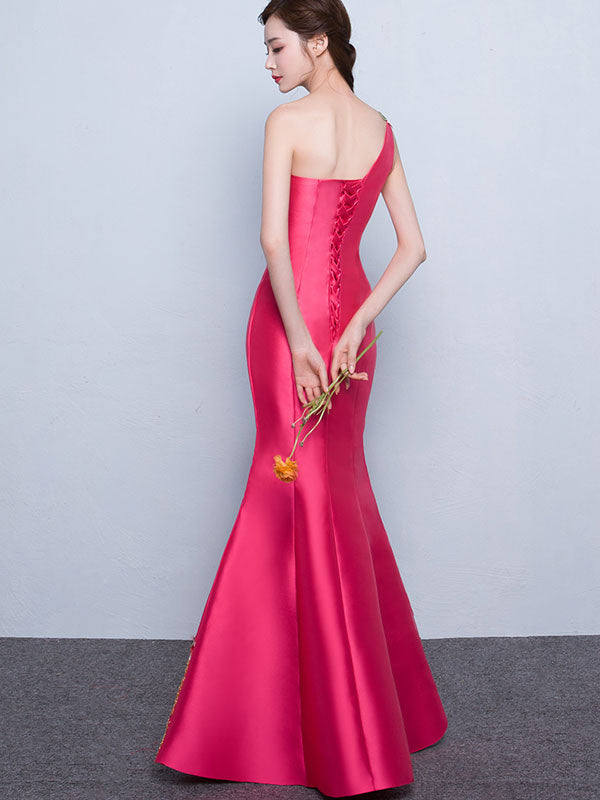 Embroidered Phoenix One Shoulder Fishtail Qipao / Cheongsam Dress