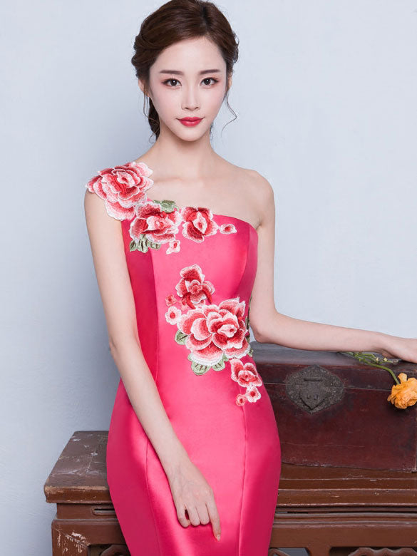 Embroidered Phoenix One Shoulder Fishtail Qipao / Cheongsam Dress