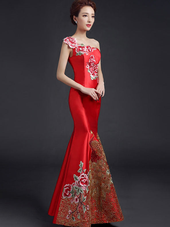 Embroidered Phoenix One Shoulder Fishtail Qipao / Cheongsam Dress