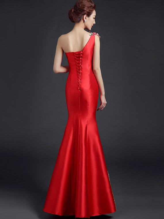 Embroidered Phoenix One Shoulder Fishtail Qipao / Cheongsam Dress