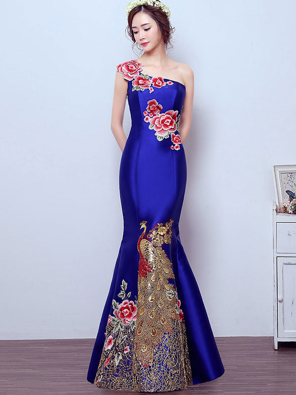 Embroidered Phoenix One Shoulder Fishtail Qipao / Cheongsam Dress