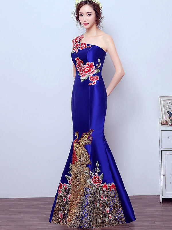 Embroidered Phoenix One Shoulder Fishtail Qipao / Cheongsam Dress