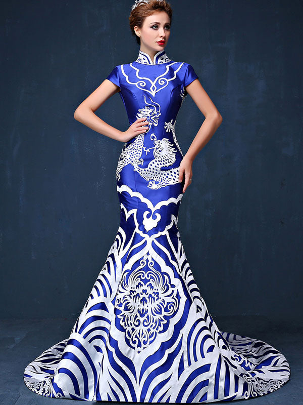 Blue Dragon Qipao Cheongsam Dress with Train Back IMALLURE
