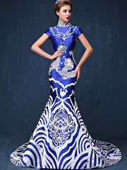 Custom Tailored Blue Dragon Qipao / Cheongsam Dress with Train Back