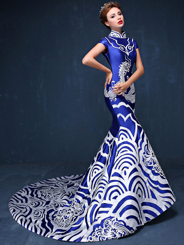 Custom Tailored Blue Dragon Qipao / Cheongsam Dress with Train Back