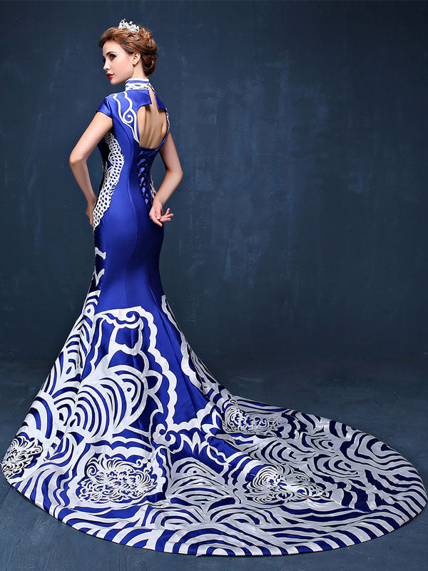 Custom Tailored Blue Dragon Qipao / Cheongsam Dress with Train Back