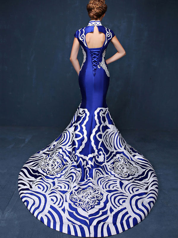 Custom Tailored Blue Dragon Qipao / Cheongsam Dress with Train Back