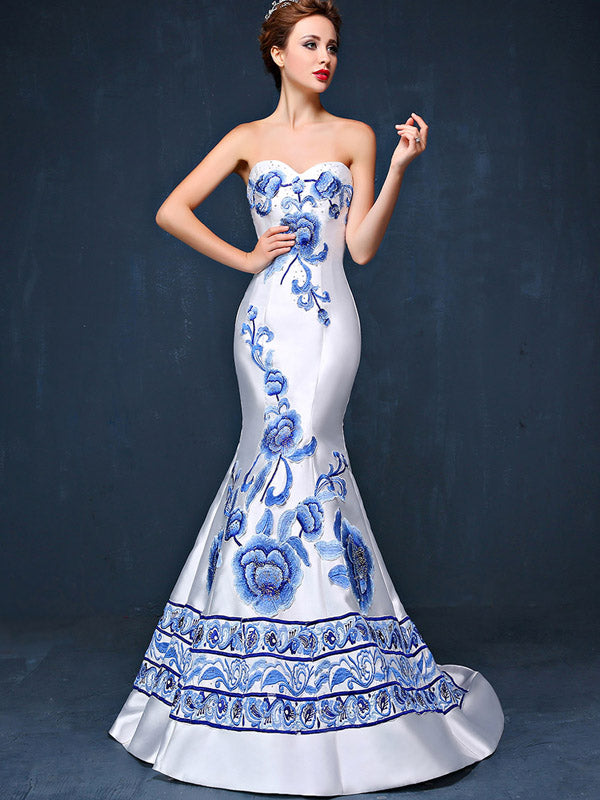 Custom Tailored Embroidered Sweetheart Train Qipao / Cheongsam Dress