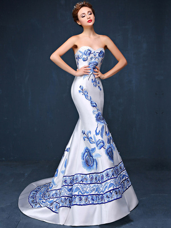 Custom Tailored Embroidered Sweetheart Train Qipao / Cheongsam Dress