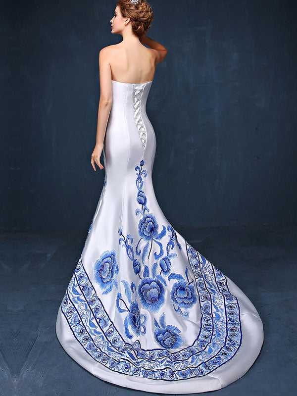 Custom Tailored Embroidered Sweetheart Train Qipao / Cheongsam Dress