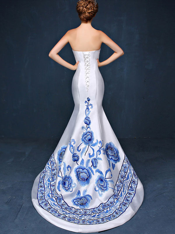 Custom Tailored Embroidered Sweetheart Train Qipao / Cheongsam Dress
