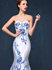 Custom Tailored Embroidered Sweetheart Train Qipao / Cheongsam Dress