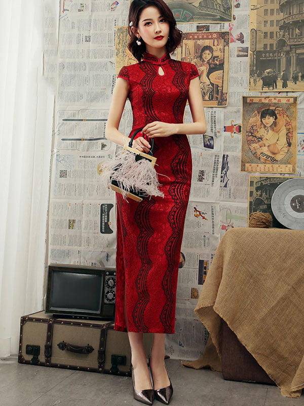 Red Lace Ankle-length Qipao / Cheongsam Party Dress