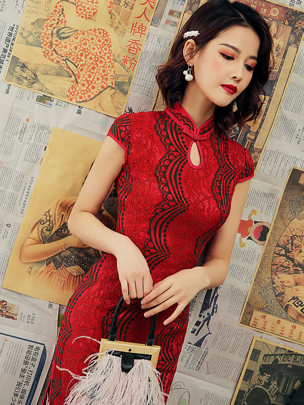 Red Lace Ankle-length Qipao / Cheongsam Party Dress