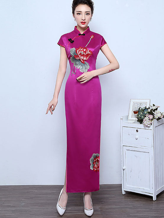 Embroidered Lotus Full-Length Qipao / Cheongsam Evening Dress