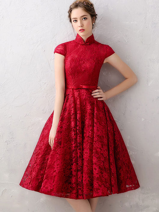 Ball Gown Wine Red Lace Qipao / Cheongsam Evening Dress