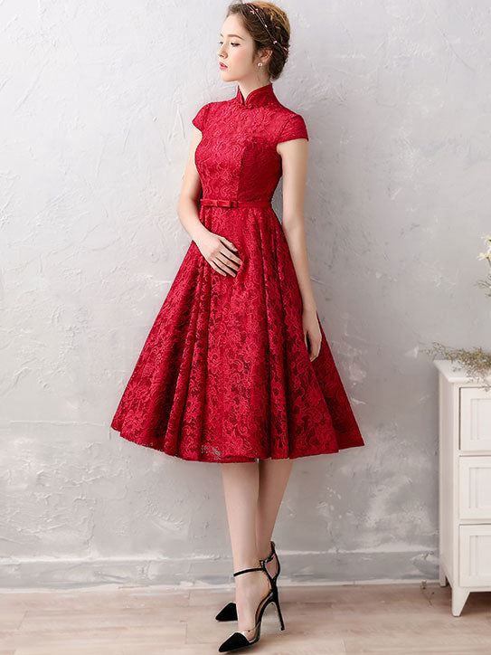 Ball Gown Wine Red Lace Qipao / Cheongsam Evening Dress