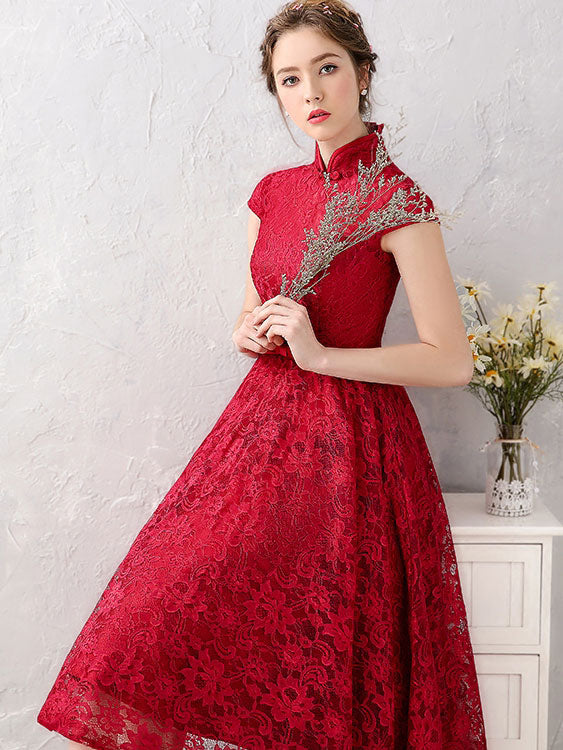 Ball Gown Wine Red Lace Qipao / Cheongsam Evening Dress