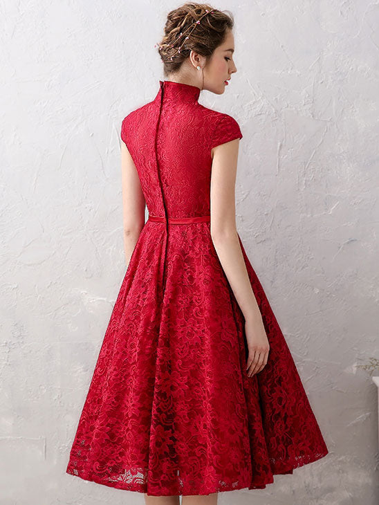 Ball Gown Wine Red Lace Qipao / Cheongsam Evening Dress