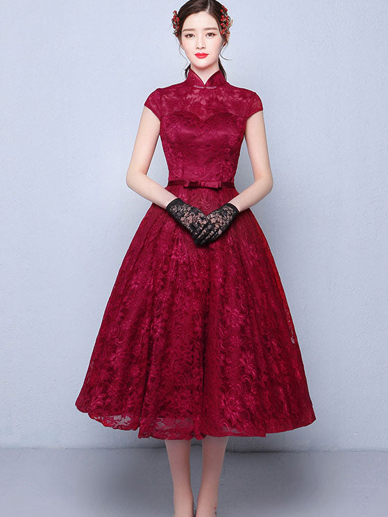 Tea-Length Ball Gown Qipao / Cheongsam Evening Dress in Lace