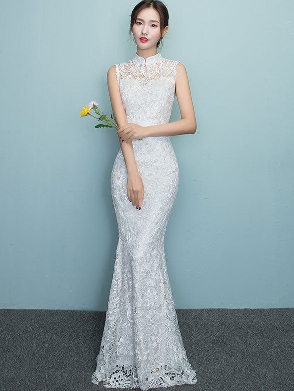 White Lace Mermaid Full-Length Qipao / Wedding Cheongsam Dress