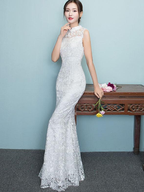 White Lace Mermaid Full-Length Qipao / Wedding Cheongsam Dress