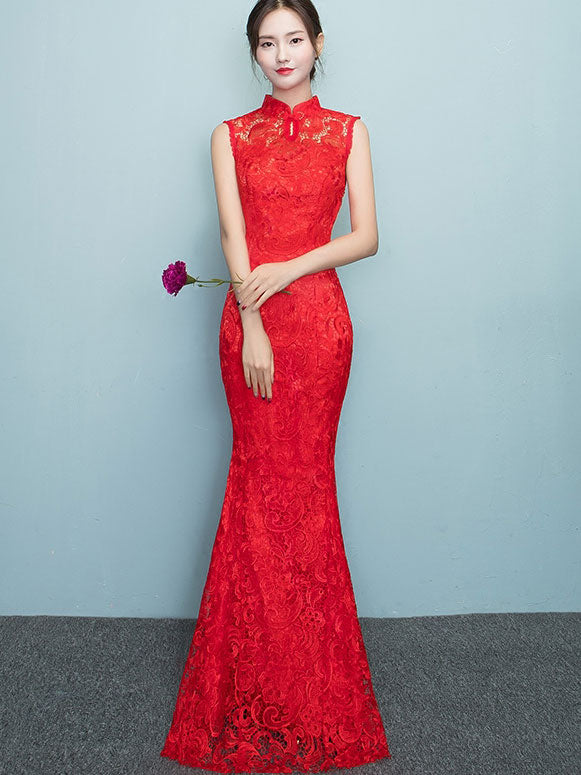 Red Lace Mermaid Full-Length Qipao / Wedding Cheongsam Dress