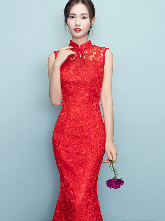 Red Lace Mermaid Full-Length Qipao / Wedding Cheongsam Dress