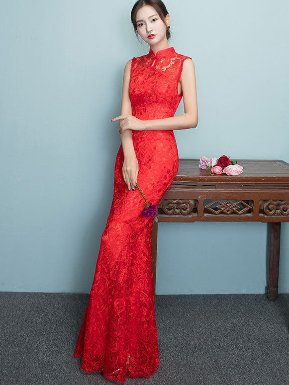 Red Lace Mermaid Full-Length Qipao / Wedding Cheongsam Dress