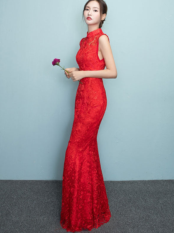 Red Lace Mermaid Full-Length Qipao / Wedding Cheongsam Dress