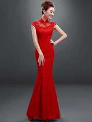 Red Lace Fishtail Qipao / Cheongsam Wedding Dress with Cutout Back