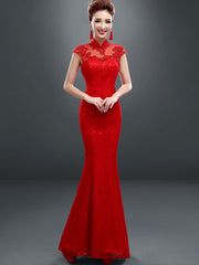 Red Lace Fishtail Qipao / Cheongsam Wedding Dress with Cutout Back