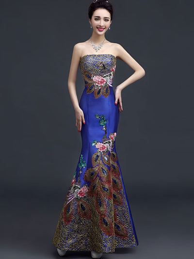 Embroidered Bandeau Mermaid Qipao / Cheongsam Wedding Gown