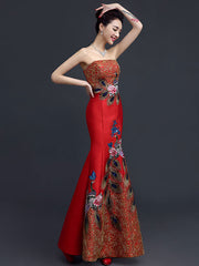 Embroidered Bandeau Mermaid Qipao / Cheongsam Wedding Gown