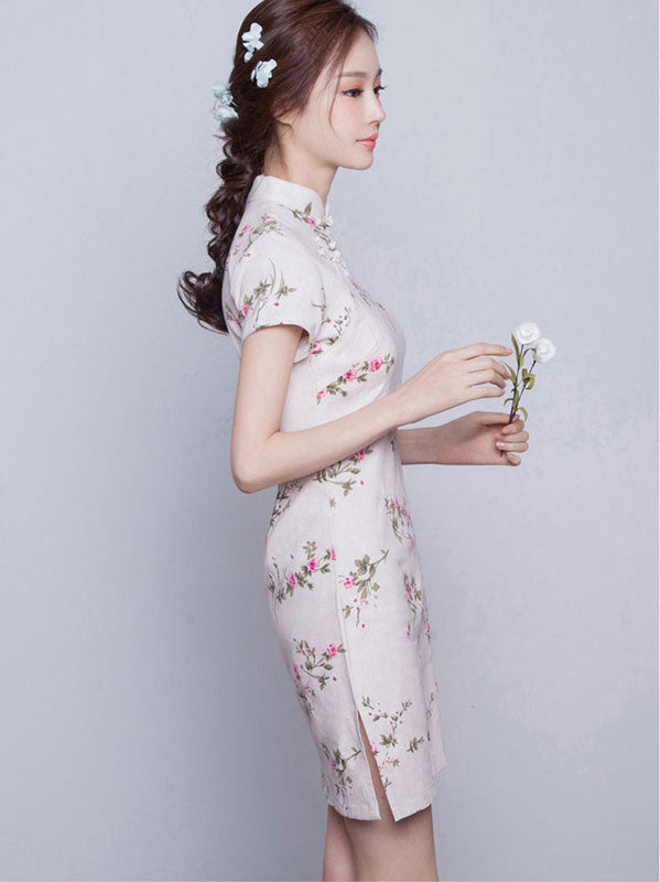 Floral Linen Short Modern Qipao / Cheongsam Dress