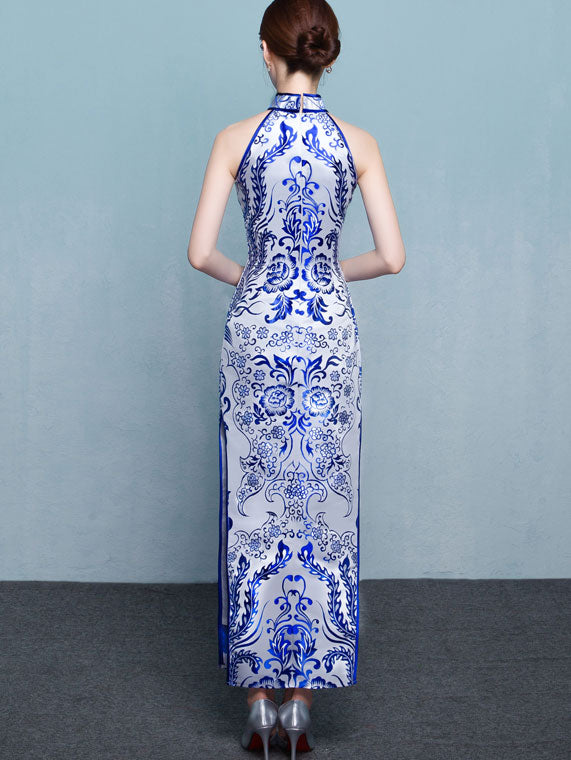 Blue & White Floral Halter Long Qipao / Cheongsam Dress