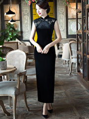 Black Velvet Long Qipao / Cheongsam Party Dress with Lace Insert